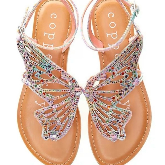 Copper Key Shoes - Copper Key Multicolor Sandals With Gemstone Butterfly Design